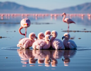 Obraz premium Flamingo chicks in salt flats, vaporwave style, copy space for text