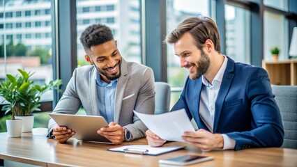 Two busy happy diverse male employees checking documents talking in office. Professional young business man manager financial advisor consulting client having conversation sitting at work meeting.
