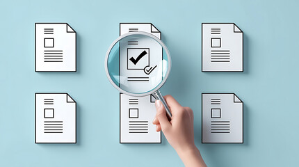 Document review process and quality control concept. Hand holding magnifying glass over a document icon with checklist, Document review and approval. Certificate management, Audit, Standardization