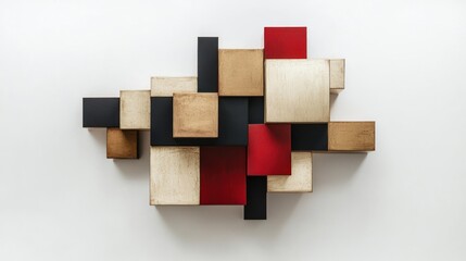 Abstract wall art featuring geometric shapes in gold, black, red, and white.