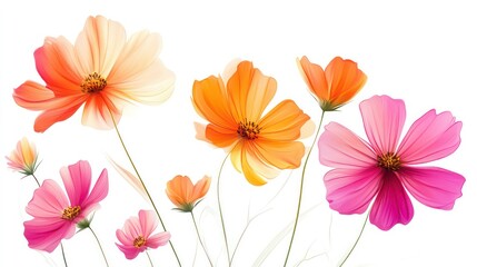 Obraz premium Vibrant orange and pink cosmos flowers isolated on white background.