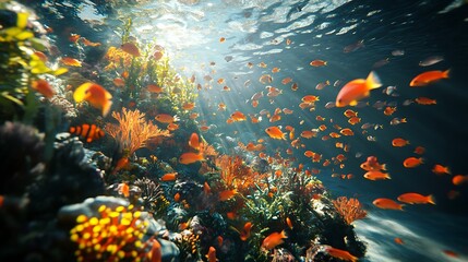 Naklejka premium Vibrant Reef Fish School Swimming Underwater Scene