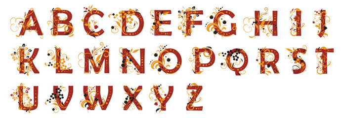 The alphabet with beautiful curls in the old Russian style. Traditional Russian floral motifs. For monogram, invitations, wedding, decoration.