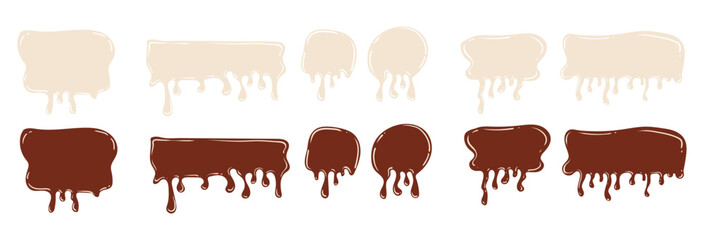 Splash and splashes of dark and white chocolate. Template for lettering on sweet flowing background. Brown liquid dessert dripping and melting. Set of vector images of different shapes.