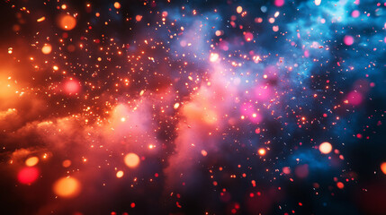 A vibrant background of cosmic dust particles glowing red and blue, creating an ethereal atmosphere with a bokeh effect