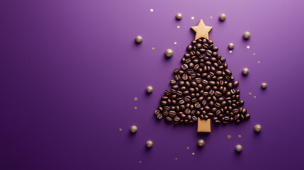 christmas tree decoration made entirely of coffee beans , on purple  background