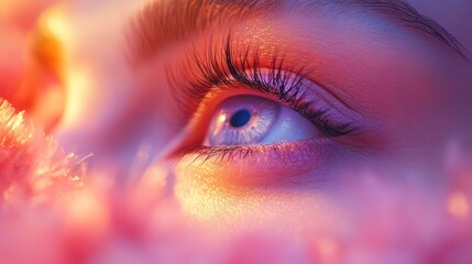 Close-up of a woman's eye, surrounded by soft pink and orange light.