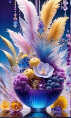 Stunning floral display of orchids in glass vases with lemons and crystals. Soft pastel backdrop adds charm. Ideal for decor, lifestyle, or interior design themes.