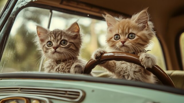 Fluffy companions at the wheel, guiding the vehicle with tiny paws - a picture that brings joy to the heart. 