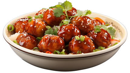 A serving of gobi manchurian with crispy cauliflower and a tangy, spicy Indo-Chinese flavor, studio view, isolated on transparent background.