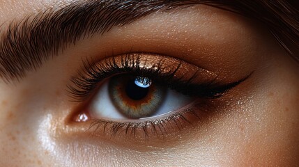Obraz premium Close-up of a woman's eye with bronze eyeshadow and eyeliner.