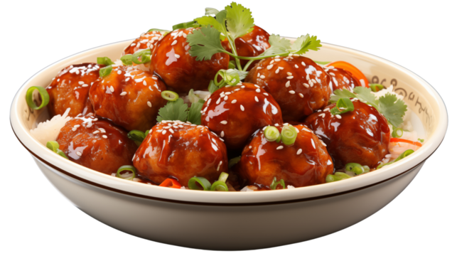 A serving of gobi manchurian with crispy cauliflower and a tangy, spicy Indo-Chinese flavor, studio view, isolated on transparent background.