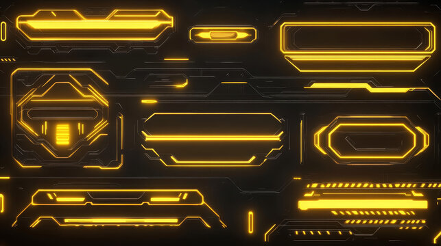 Live stream interface elements, overlay frames and buttons with yellow neon glow. Vector cartoon template of game streaming panels and bars in futuristic style isolated on black background - Powered by Adobe