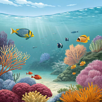 Animaux et plantes marines ,poissons, algues, et coraux dans un environnement propre
