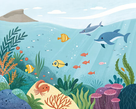 Animaux et plantes marines ,poissons, algues, dauphin et coraux dans un environnement propre