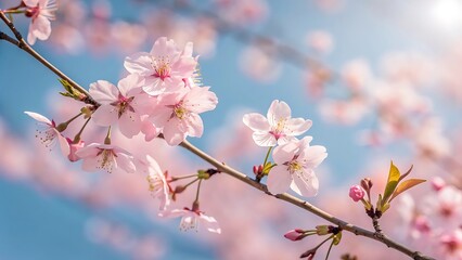 Obraz premium Delicate Cherry Blossoms in Full Bloom Against a Clear Blue Sky, Celebrating the Arrival of Spring's Elegance and Beauty