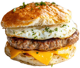 Biscuit sandwich with sausage patty, egg and cheddar cheese, on transparent background PNG