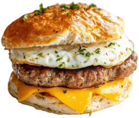 Biscuit sandwich with sausage patty, egg and cheddar cheese, on transparent background PNG