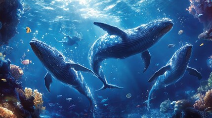Fototapeta premium Immerse your little one in a whimsical world with this enchanting fantasy print. A colossal blue whale soars through a starry sky, carrying a quaint town on its back. 