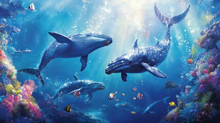 Fototapeta premium Immerse your little one in a whimsical world with this enchanting fantasy print. A colossal blue whale soars through a starry sky, carrying a quaint town on its back. 
