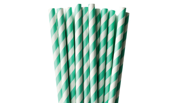 Eco-friendly green-striped paper straw, perfect for sustainable beverage options, studio view, isolated on transparent background. - Powered by Adobe