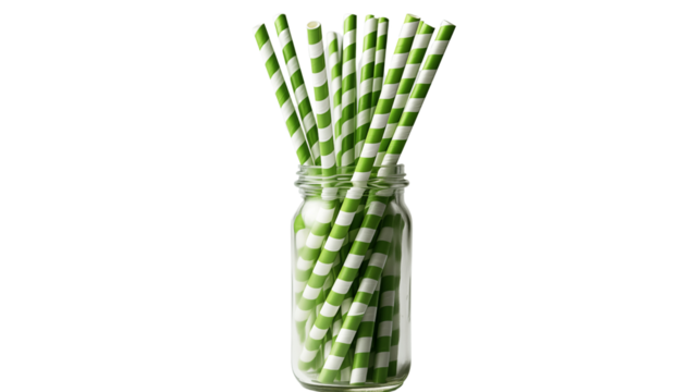 Biodegradable paper straw with green stripes, showcasing sustainability in everyday products, studio view, isolated on transparent background.