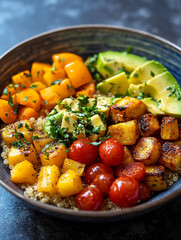 Colorful quinoa bowl with roasted vegetables and avocado