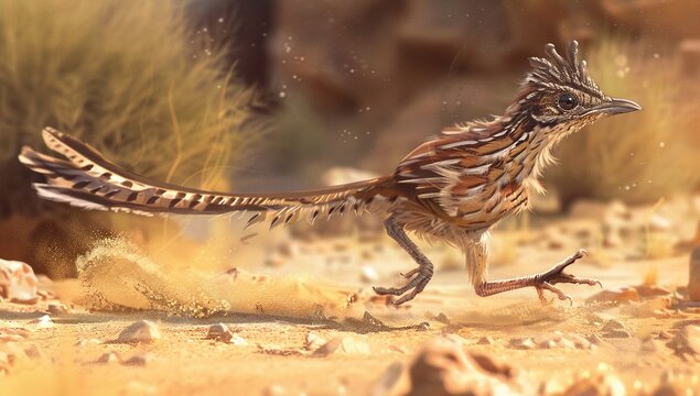 A vibrant illustration of a roadrunner dashing across a sandy terrain, its feathers a blur of motion.