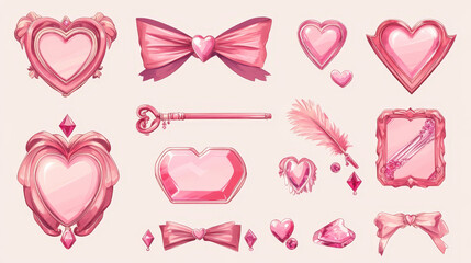 Romantic pink ranking frames for game avatars. Ui elements, empty circle frames with ribbon, heart, red gems and feathers isolated on background, vector cartoon set