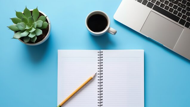 laptop computer and bloc notes with black coffee on a blue background