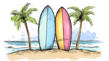 Surfboard on the beach, doodle	
