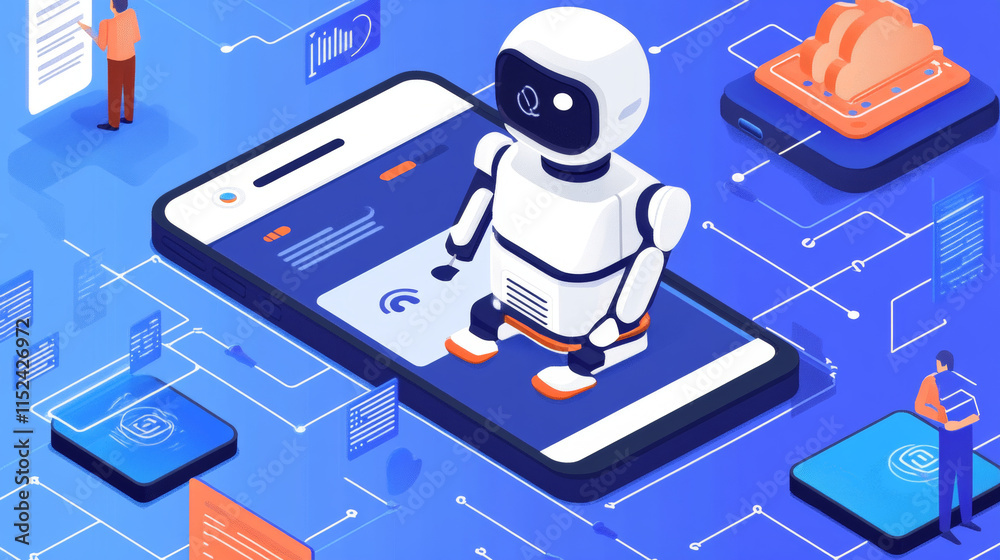 Poster ai. digital ai in phone in hand. ai bot on screen mobile smartphone communication with cloud computi