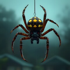Fototapeta premium Vibrant spider with yellow patterns dangling from web in misty outdoor setting