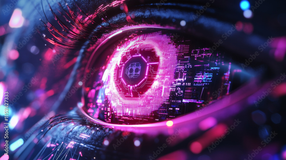 Poster abstract technology eye with a circle power button with neon elements and circuit wires in electric 