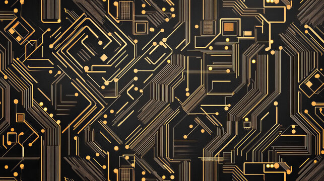 Abstract electronics technology background. Golden circuit lines, computer motherboard elements on a dark tech bg. Luxury circuit pattern. Ai chip, semiconductor concept. Digital vector illustration.