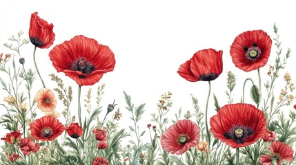 Obraz premium Vibrant red poppy field with diverse greenery and wildflowers on white background Happy ANZAC Day, Lest We Forget
