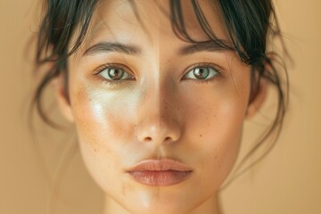 Naklejka premium Natural beauty with radiant skin and captivating green eyes against a soft peach background
