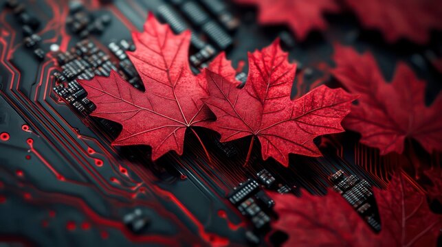 Red maple leaves on a circuit board, symbolizing technology and nature. - Powered by Adobe
