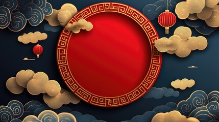 Traditional chinese red circle with gold clouds and lanterns on dark blue background