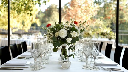 event decor ideas, contemporary minimalist reception table adorned with eucalyptus garlands and delicate white floral accents, set against large windows showcasing spring scenery