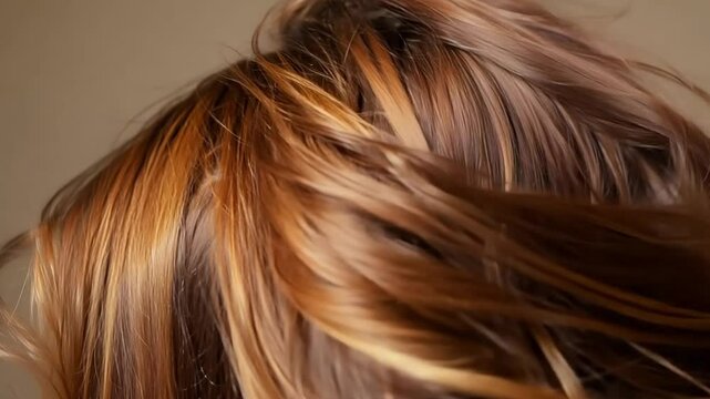 Slow motion shot of waving red brown hair. Beautiful healthy long smooth flowing hair. 
