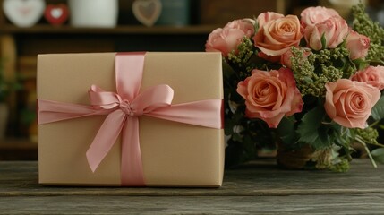 romantic gift presentation, valentines gift box adorned with a pink ribbon beside roses on a vintage wooden desk