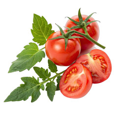 Two fresh ripe tomatos with green leaves are presented one whole and one sliced open revealing juicy red flesh perfect for cooking or salads
