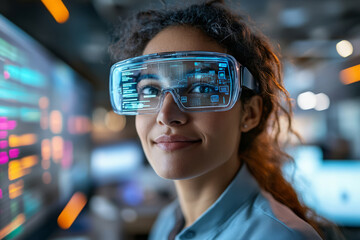 Woman using futuristic augmented reality glasses with digital data and holographic interfaces