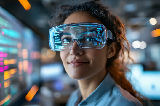 Woman using futuristic augmented reality glasses with digital data and holographic interfaces - Powered by Adobe
