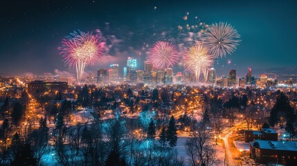 Fototapeta premium Fireworks explode over snowy city skyline at night.