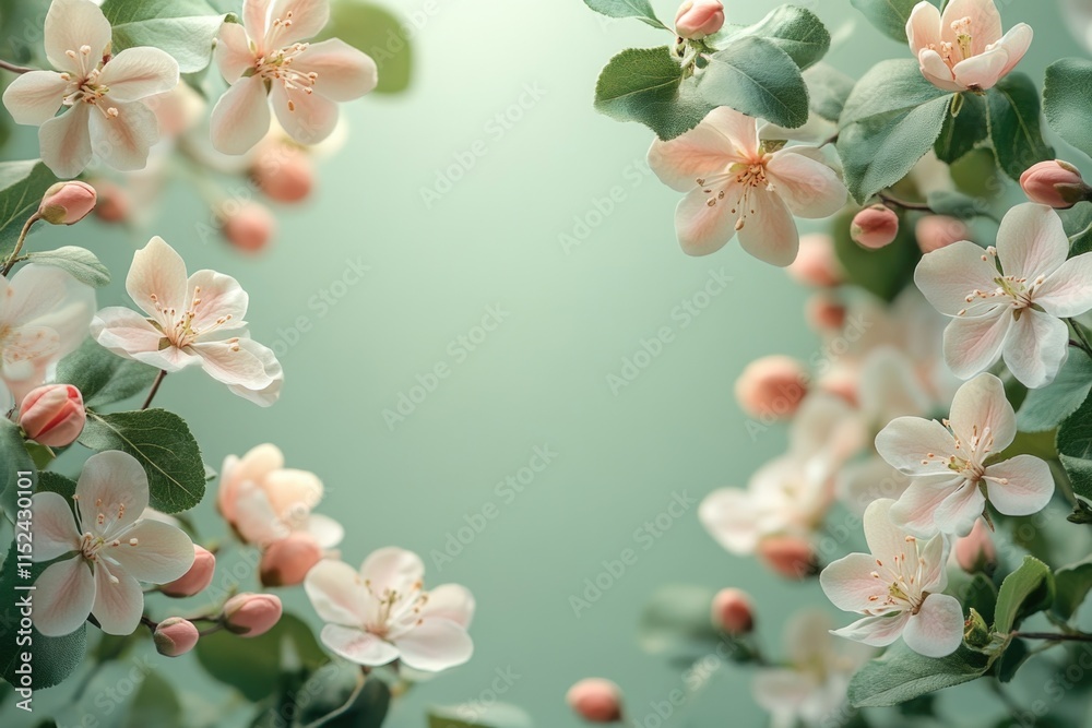 Poster a bunch of colorful flowers grows on a tree branch, with green leaves and branches in the background