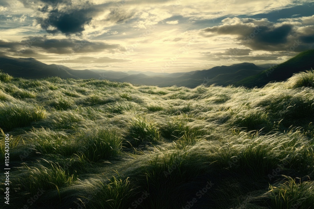 Aufkleber a serene scene featuring a lush green field against the majestic backdrop of mountains