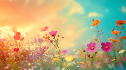 Fototapeta premium A vibrant wildflower meadow with colorful blossoms swaying under a warm golden sky creating a dreamy and serene atmosphere 