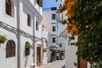 charming Mediterranean street scene with whitewashed buildings adorned with colorful flowers, creating a picturesque and inviting atmosphere under a clear blue sky